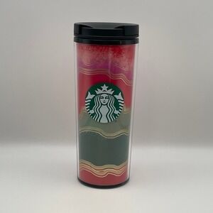 Starbucks 2021 16oz Reusable Travel Cup Red Green Gold Abstract Design Lid‎ NEW